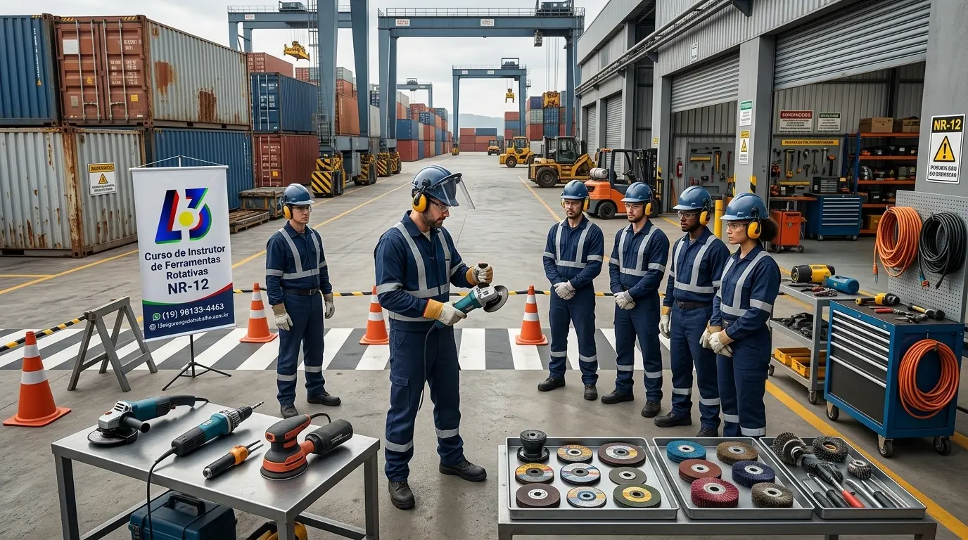 Instrutor capacitado em NR-12 conduzindo treinamento prático